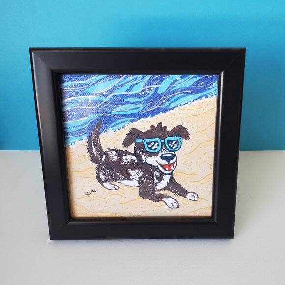 Brown Beach Dog with Blue Sunglasses | Framed Original Acrylic Painting - Picture 2 of 5